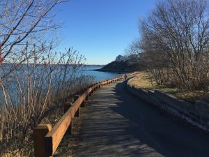 Quincy, MA Park Nut Island wooden boardwalk by the ocean